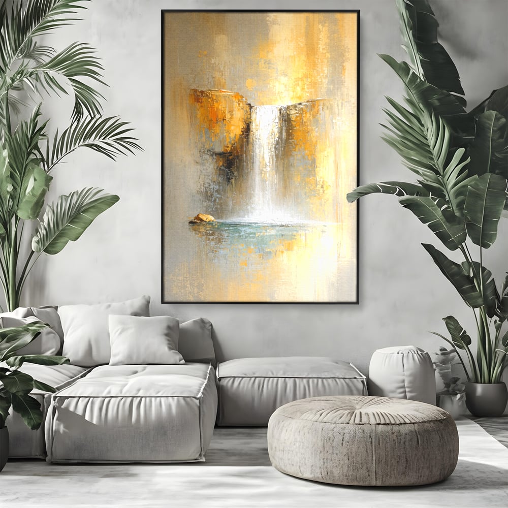 Tablou canvas cu pictura abstracta cu cascada aurie, in rama de aluminiu negru, pe perete intr-un living